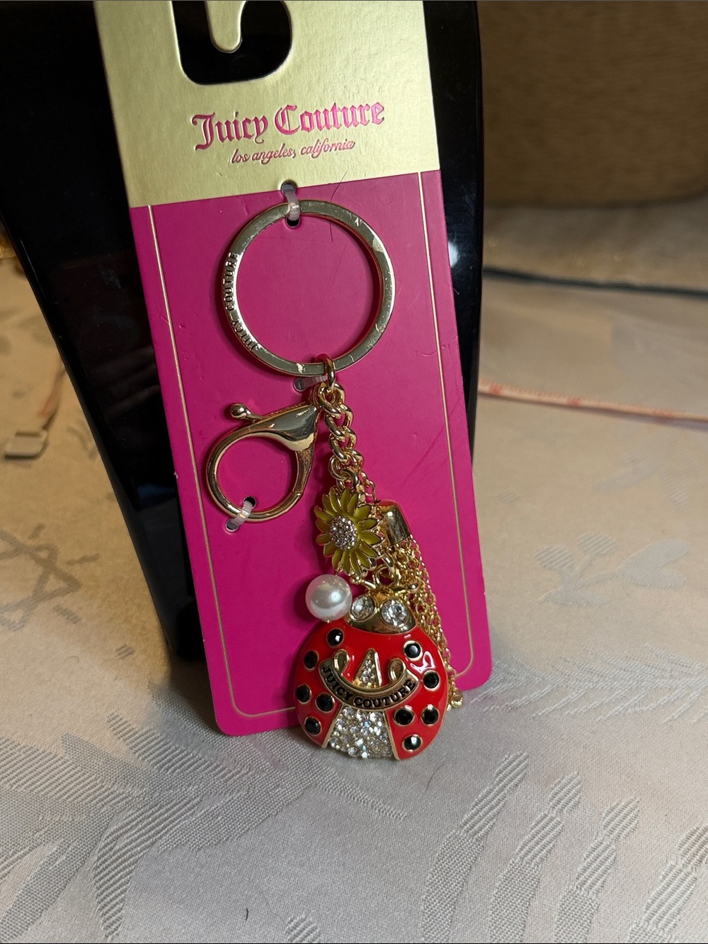 Juicy Couture Red & Gold Ladybug Keychain with Pearl Accent